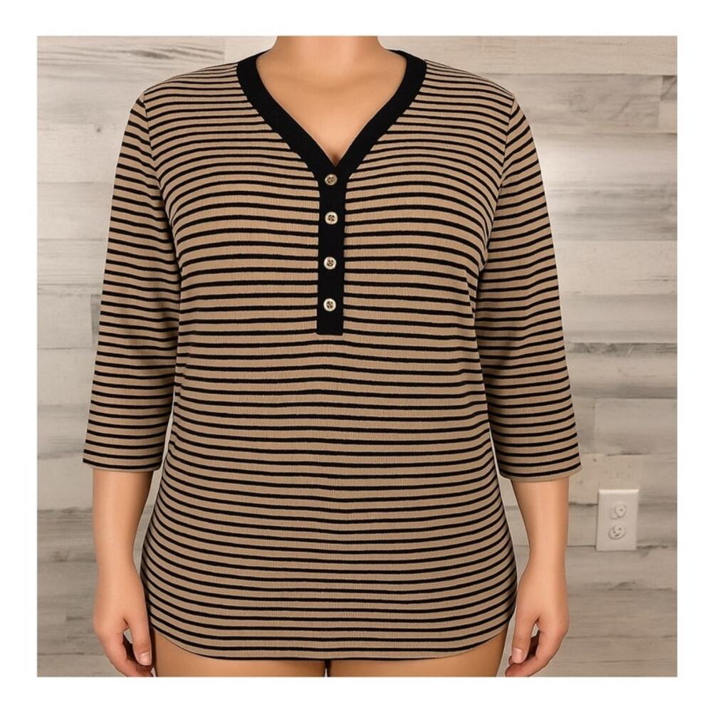 Lauren Ralph Lauren Sz Large Tan Black Stripe 100% Cotton Henley Tee 3/4 Sleeve